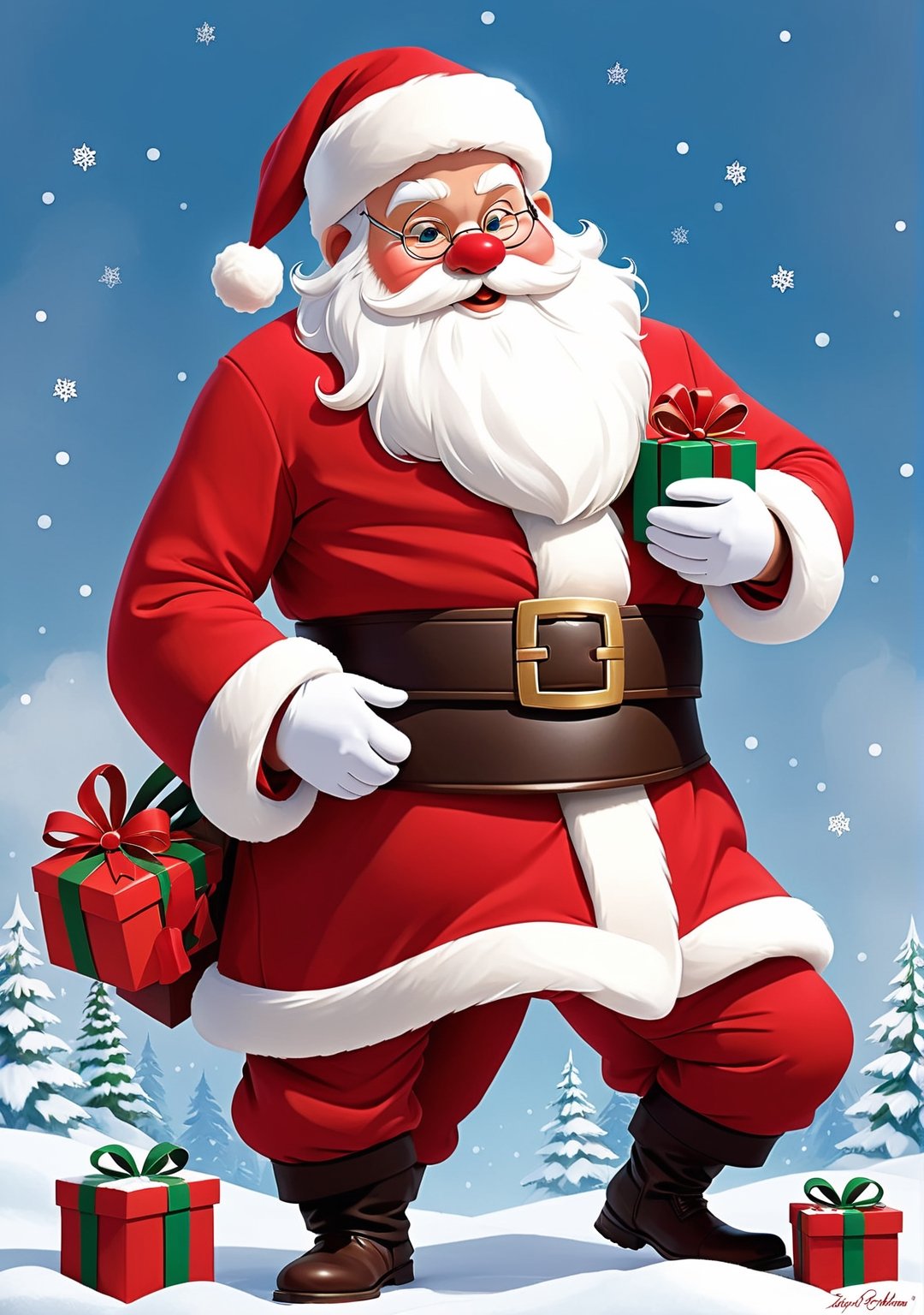 Santa Claus stands at the center of the frame, exuding the timeless charm of the holiday season. His iconic red suit is adorned with fluffy white fur trim, perfectly contrasting the bold shade of crimson. The coat, fastened with a thick black belt and a polished golden buckle, cinches around his rotund belly. The suit's cuffs peek out from underneath a pair of immaculate, snow-white gloves that he wears with a jolly demeanor.

Santa's robust, rosy cheeks are framed by a well-groomed, snowy white beard that cascades down to his chest. His friendly, twinkling eyes, framed by round spectacles, radiate warmth and merriment. A cherry-red nose adds a playful touch to his cheerful countenance.

Upon Santa's head rests a plush, fur-trimmed hat, matching the ensemble, with a fluffy white pom-pom hanging delicately at the tip. The hat sits jauntily atop his head, completing the quintessential look of the beloved gift-giver.

In one hand, Santa holds a carefully wrapped present, adorned with festive paper and a perfectly tied bow. The other hand, raised in a gesture of merriment, holds a sleigh bell that chimes with the joyful sound of the holiday spirit.

This detailed image prompt of Santa Claus captures the classic and heartwarming essence of the beloved character, ready to bring joy and gifts to all.