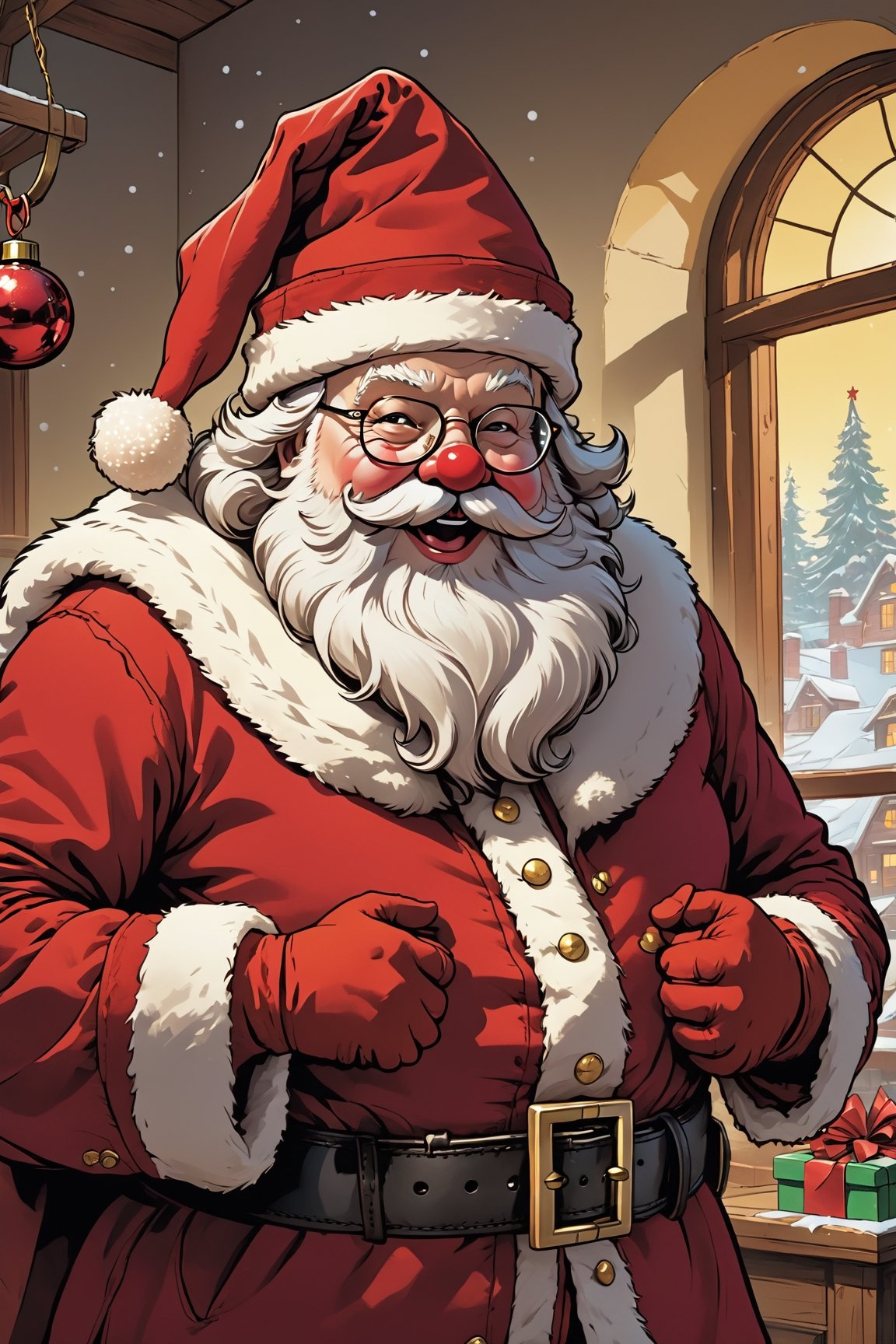 Santa Claus stands at the center of the frame, exuding the timeless charm of the holiday season. His iconic red suit is adorned with fluffy white fur trim, perfectly contrasting the bold shade of crimson. The coat, fastened with a thick black belt and a polished golden buckle, cinches around his rotund belly. The suit's cuffs peek out from underneath a pair of immaculate, snow-white gloves that he wears with a jolly demeanor.

Santa's robust, rosy cheeks are framed by a well-groomed, snowy white beard that cascades down to his chest. His friendly, twinkling eyes, framed by round spectacles, radiate warmth and merriment. A cherry-red nose adds a playful touch to his cheerful countenance.

Upon Santa's head rests a plush, fur-trimmed hat, matching the ensemble, with a fluffy white pom-pom hanging delicately at the tip. The hat sits jauntily atop his head, completing the quintessential look of the beloved gift-giver.

In one hand, Santa holds a carefully wrapped present, adorned with festive paper and a perfectly tied bow. The other hand, raised in a gesture of merriment, holds a sleigh bell that chimes with the joyful sound of the holiday spirit.

This detailed image prompt of Santa Claus captures the classic and heartwarming essence of the beloved character, ready to bring joy and gifts to all.

high details, ultra HD, 8k, high resolution, 