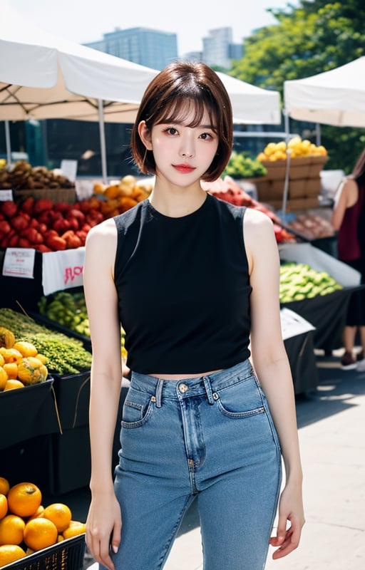 1girl, short hair, bangs, wearing sleeveless_shirt and very short jeans, standing outdoor market, sunny, blue sky, RAW photo, realistic, masterpiece, best quality, smooth skin, beautiful skin, shinny hair, shiny skin, medium shot, sunnylorashy, 