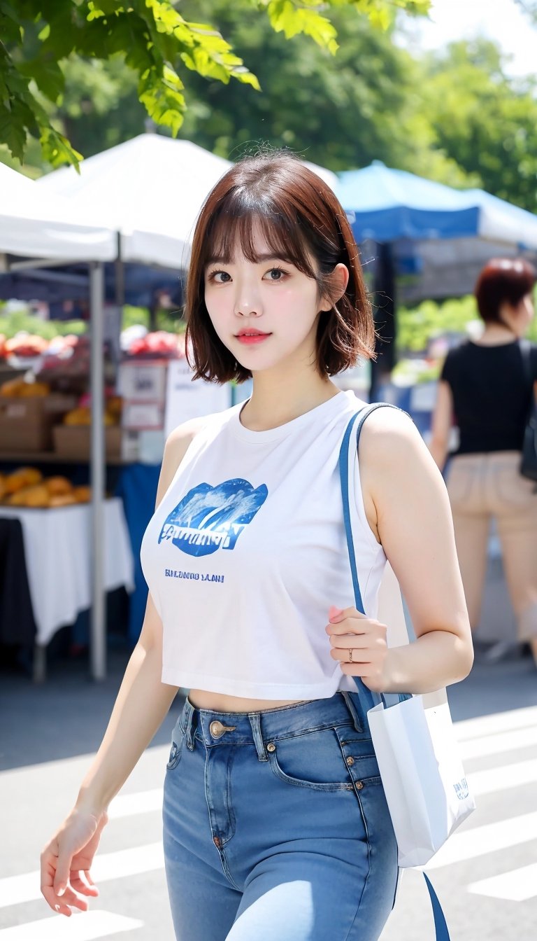 1girl, short hair, bangs, wear white crop sleeveless_Tshirt, (short blue jeans), Carrying Tote Bags, standing outdoor market, sunny, blue sky, daylight, RAW photo, realistic, masterpiece, best quality, smooth skin, beautiful skin, shinny hair, shiny skin, medium shot, sunnylorashy, look at the viewer,