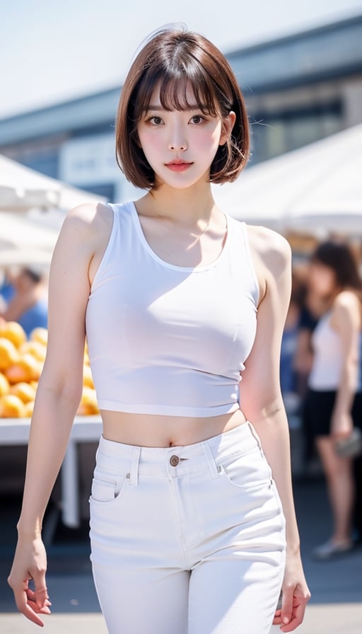 1girl, short hair, bangs, wear white cropped tank top and short jeans, standing outdoor market, sunny, blue sky, daylight, RAW photo, realistic, masterpiece, best quality, smooth skin, beautiful skin, shinny hair, shiny skin, medium shot, sunnylorashy, look at the viewer,Sexy Pose,1 girl