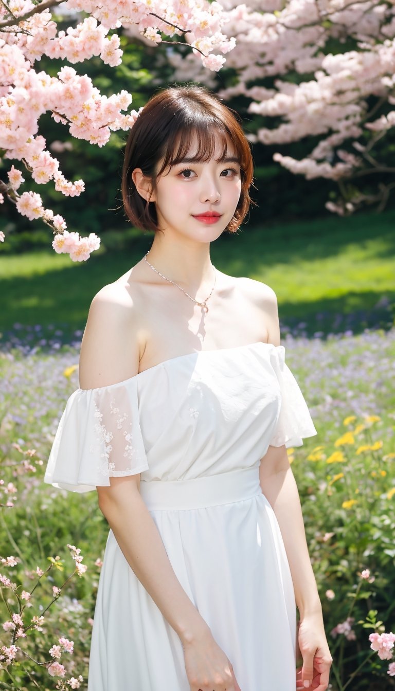 1girl, short hair, bangs, white dress off shoulder, necklace, standing in blossom flower field, sunny, blue sky, daylight, RAW photo, realistic, masterpiece, best quality, smooth skin, beautiful skin, shinny hair, shiny skin, medium shot, sunnylorashy, look at the viewer,