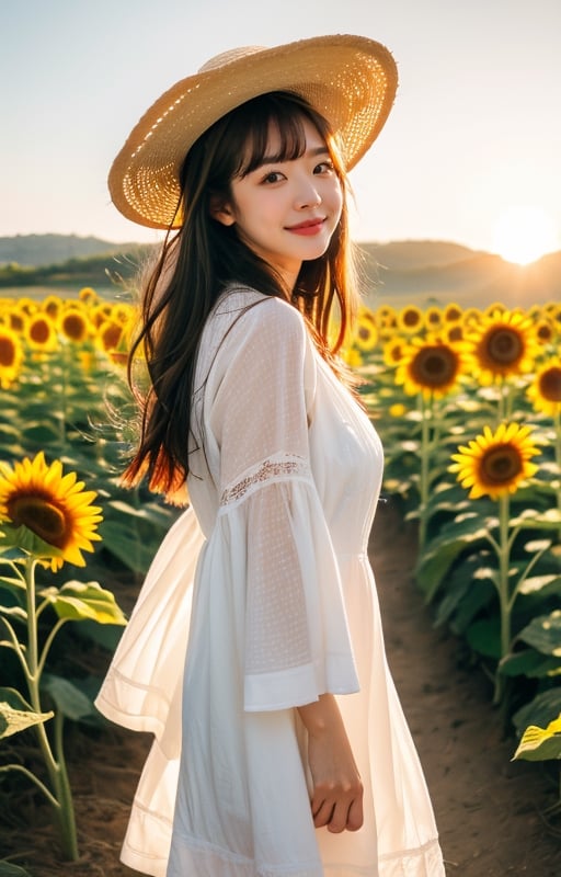 happy girl, wearing a straw hat and summer dress, bangs, The wind blows long hair, standing in sunflower field, sunset, clear sky, RAW photo, realistic, masterpiece, best quality, smooth skin, beautiful skin, medium shot, sunnylorashy, looking at the viewer,1 girl,perfect