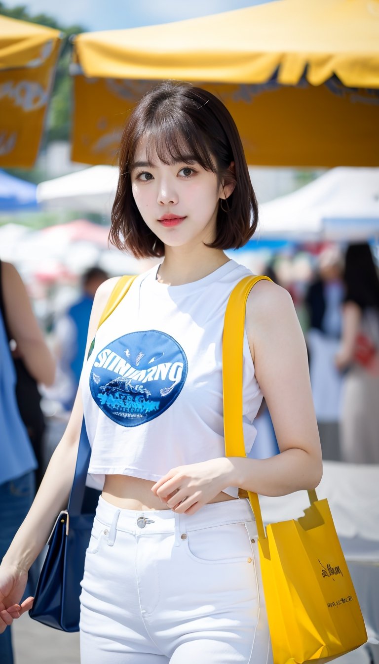 1girl, short hair, bangs, wear white crop sleeveless_Tshirt, (short blue jeans, Carrying Tote Bags, standing outdoor market, sunny, blue sky, daylight, RAW photo, realistic, masterpiece, best quality, smooth skin, beautiful skin, shinny hair, shiny skin, medium shot, sunnylorashy, look at the viewer,