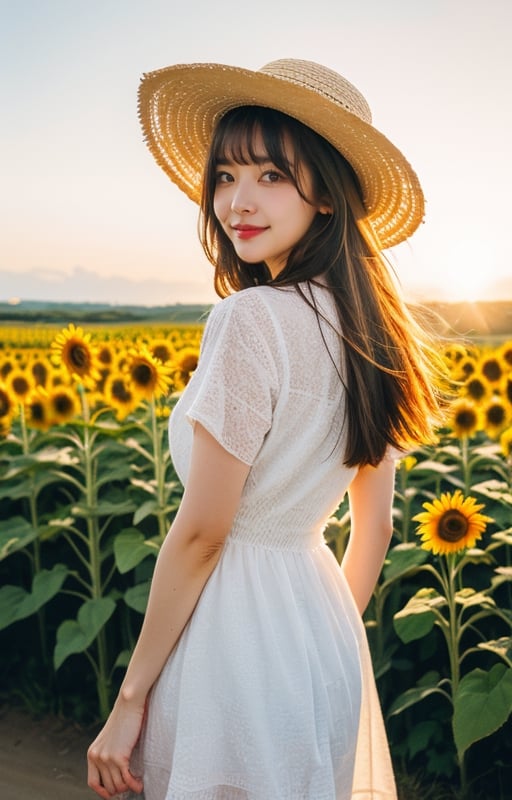 happy girl, wearing a straw hat and summer dress, bangs, The wind blows long hair, standing in sunflower field, sunset, clear sky, RAW photo, realistic, masterpiece, best quality, smooth skin, beautiful skin, medium shot, sunnylorashy, looking at the viewer,1 girl