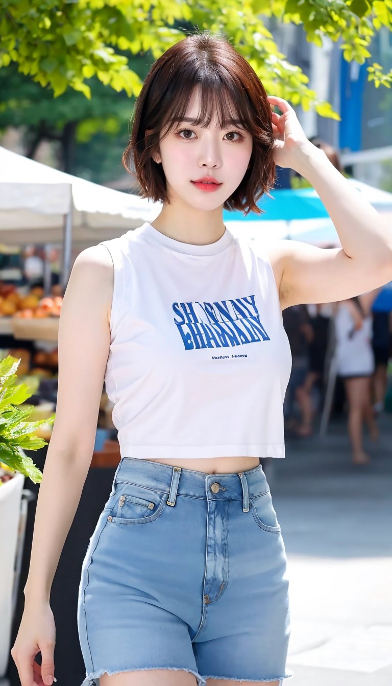 1girl, short hair, bangs, wear white crop sleeveless_Tshirt, (short jeans), standing outdoor market, sunny, blue sky, daylight, RAW photo, realistic, masterpiece, best quality, smooth skin, beautiful skin, shinny hair, shiny skin, medium shot, sunnylorashy, look at the viewer,