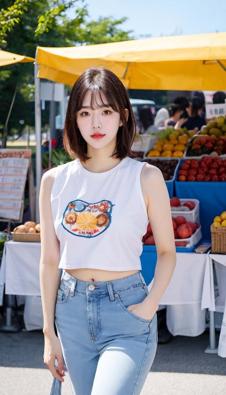 1girl, short hair, bangs, wear crop sleeveless_shirt and short jeans, standing outdoor market, sunny, blue sky, daylight, RAW photo, realistic, masterpiece, best quality, smooth skin, beautiful skin, shinny hair, shiny skin, medium shot, sunnylorashy, look at the viewer