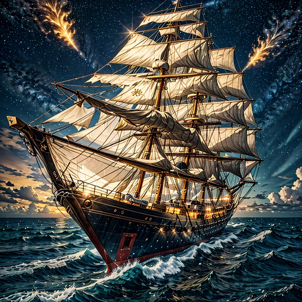 In a mesmerizing cinematic composite photograph, a breathtaking virtual divine temporal trawler emerges. The main subject is a majestic ship floating above a serene ocean, adorned with shimmering golden accents that contrast against its ethereal translucent hull. The image, teeming with vibrant colors and intricate details, captures the essence of an otherworldly vessel that transcends time and space. This high-quality image offers a profound visual experience, immersing viewers in the mystical journey of the divine ship as it sails through the vast expanse of eternity.