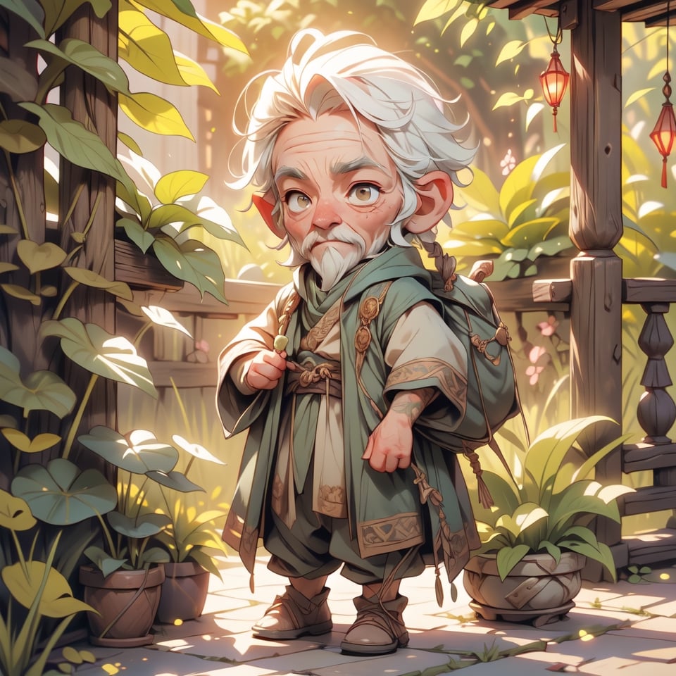 Cinematic art piece capturing Gaffer Gamgee in the peaceful garden of Bag End. The elderly hobbit tends to the plants with care, his slightly hunched posture revealing the passage of time. The wrinkles on his face and the white hair reflect a lifetime of wisdom and experience. The warm lighting adds a serene atmosphere to the scene.