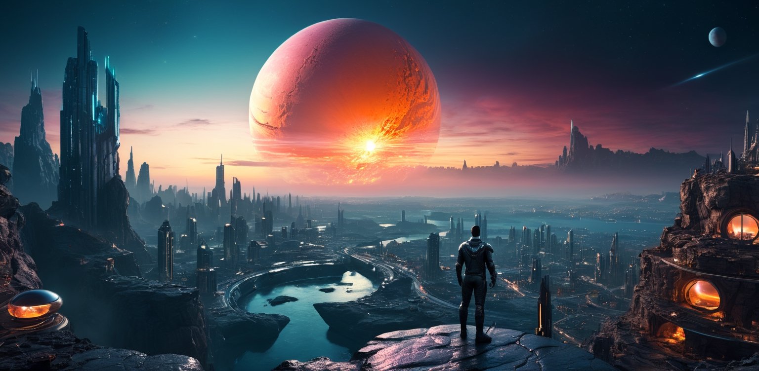 ( RAW photo, best quality, masterpiece:1.2), (digital art:1.37),A bird's-eye view of a futuristic city with a giant venus  in the background, a man standing on top of a rocky cliff, night scene,complementary color,sci-fi, unreal engine 5, Magma, masterpiece, ,Sci-fi 