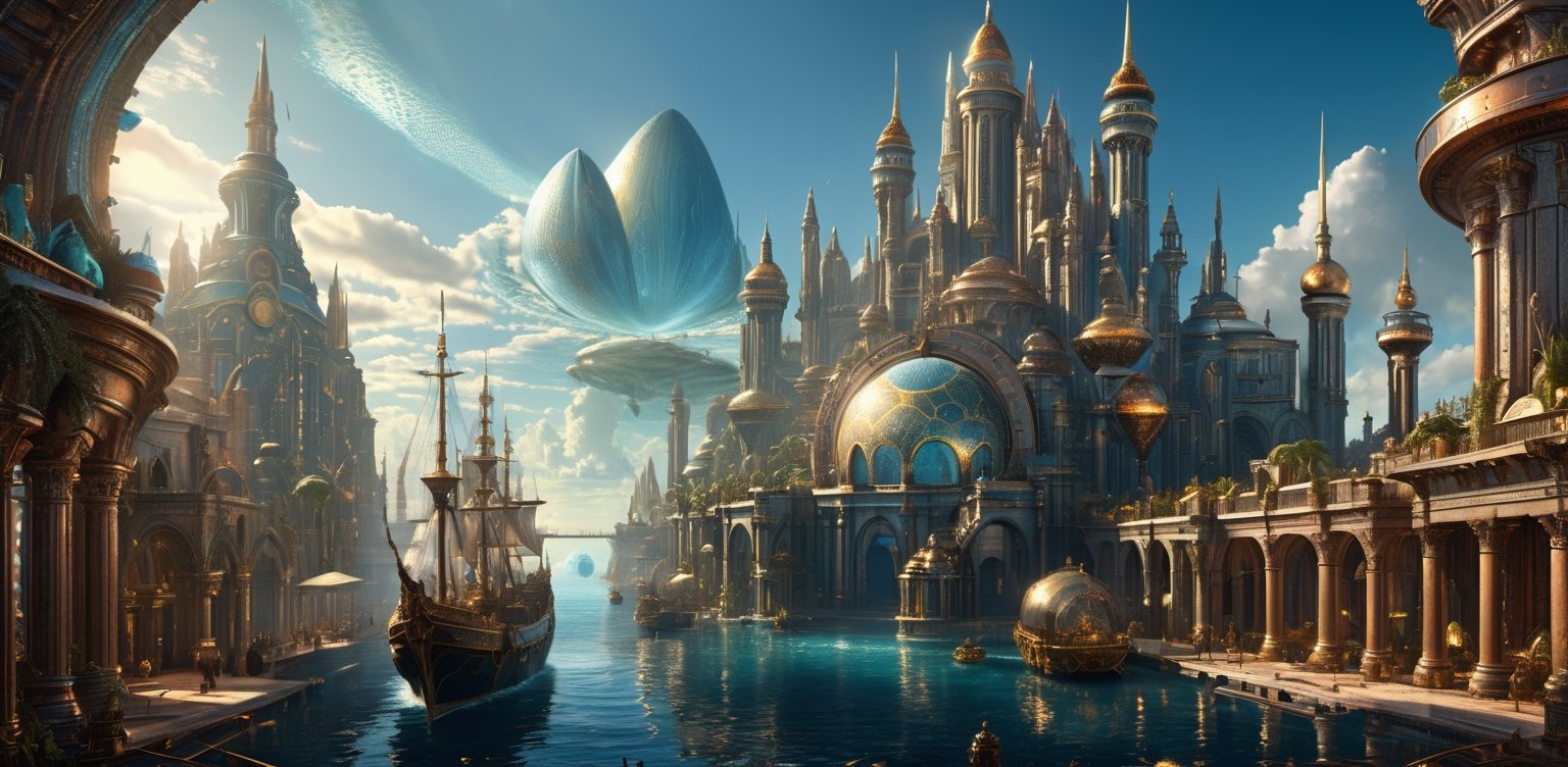 However, 
perhaps Atlantis will remain a mystical city lost in the waters of history, 
existing only in our imagination hyperrealistic, 
8k,greg rutkowski,steampunk style,Renaissance Sci-Fi Fantasy