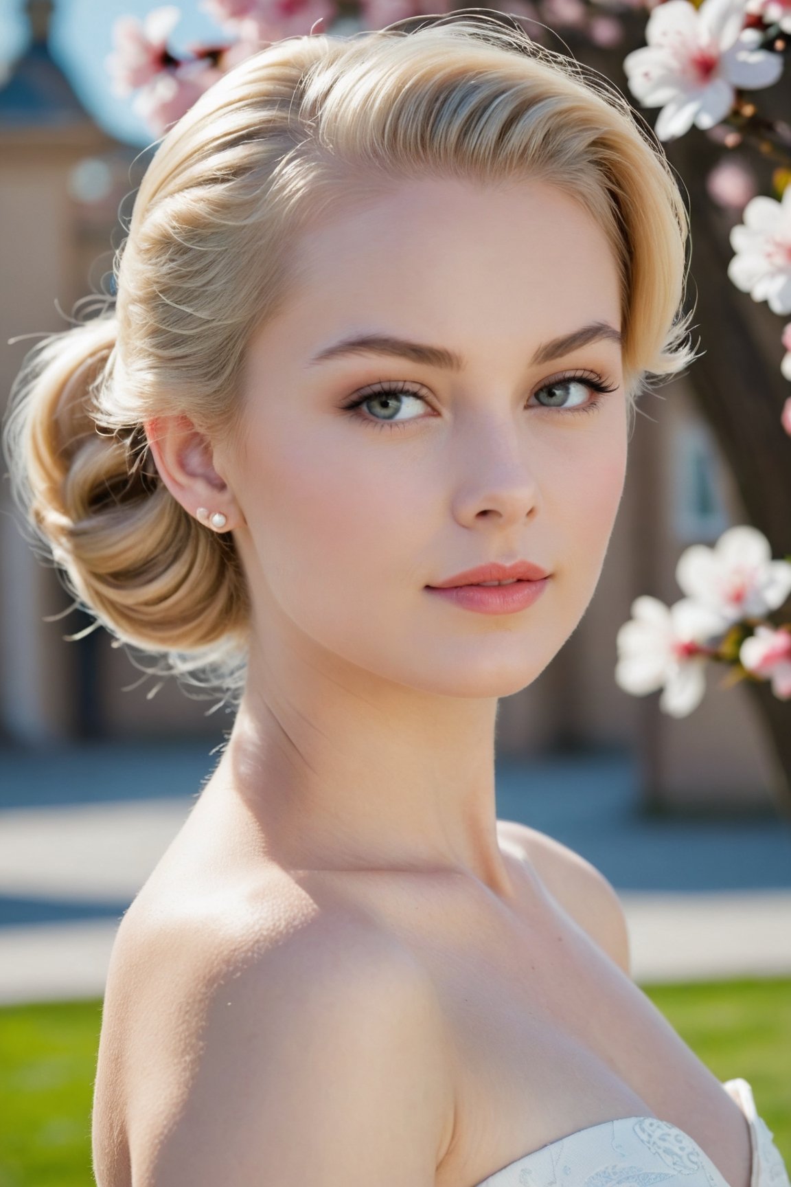 headshot,Nudity,Naked,Nude,No Clothes,White-blonde hair,face similar to Grace Kelly,Russian,pale skin,Pony tail Hairstyle,Luminous skin makeup,21 year old,Boyish_normal_breasts,headshot,Sunny Day Spring,Posing for a photo
