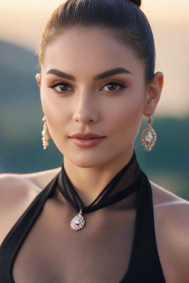 A close-up shot of an Eastern European sportswoman wearing sheer lycra attire, her dark locks tied into a sleek bun. A cascade of long earrings adorns her neck as she gazes directly at the camera, exuding confidence and poise. The framing highlights her toned physique, with a shallow depth-of-field emphasizing the sparkling jewelry.