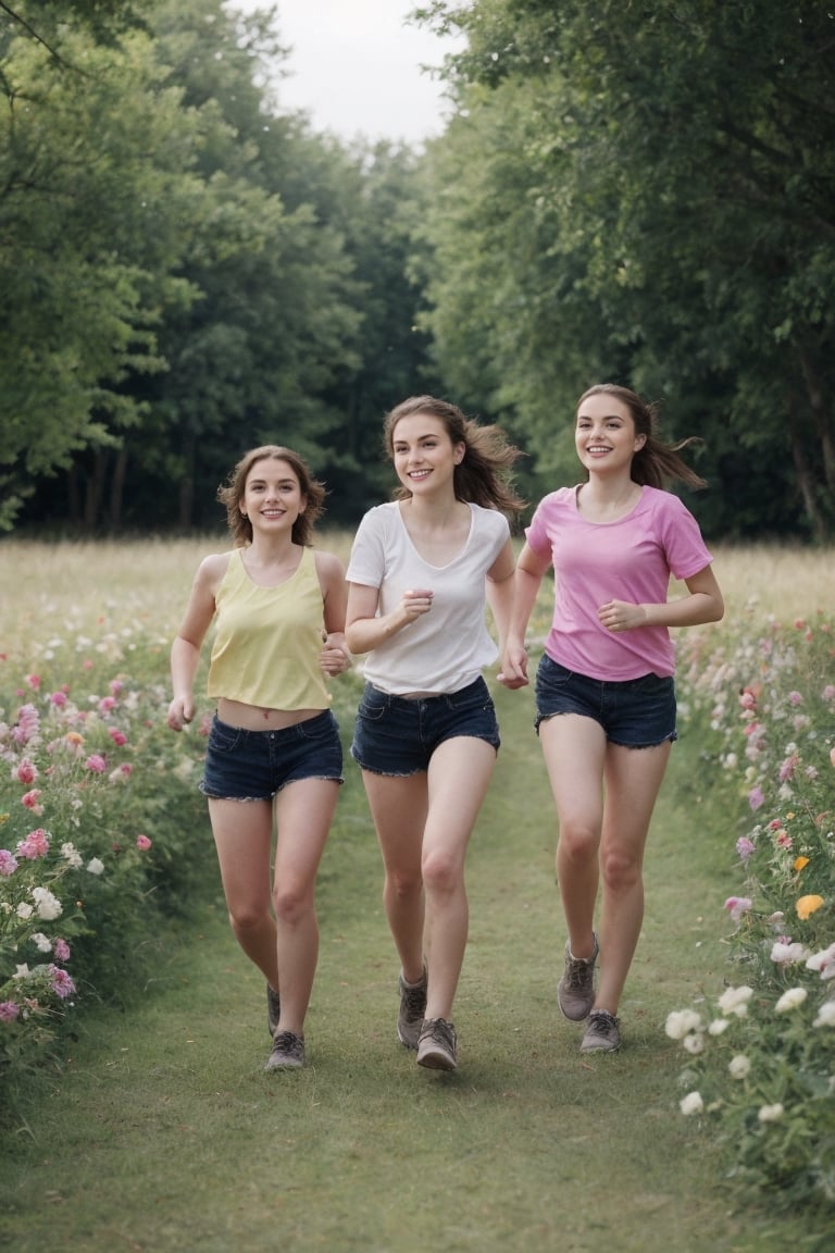 Three girls running in a meadow full of butterflies photos high resolution high texture,Masterpiece, the meadow is full of very beautiful flowers and plants