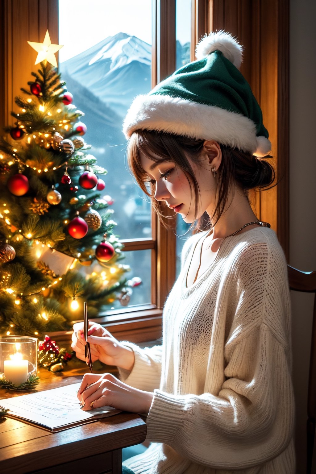 girl like to nicole kidman in a Christmas atmosphere, studying by a window in the early morning,  She is shown in profile, looking down at her homework with her right hand writing. She's wearing  a Christmas hat, immersed in her music. Beside her is a Japanese Maneki-neko (lucky cat) with its left paw raised. The room has a cozy, festive ambiance. Outside the window, there's a view of Mount Fuji, a cluster of small houses, and numerous Christmas trees, capturing the essence of a Christmas morning. The image is ideal for a LOFI music background, ,Lofi style