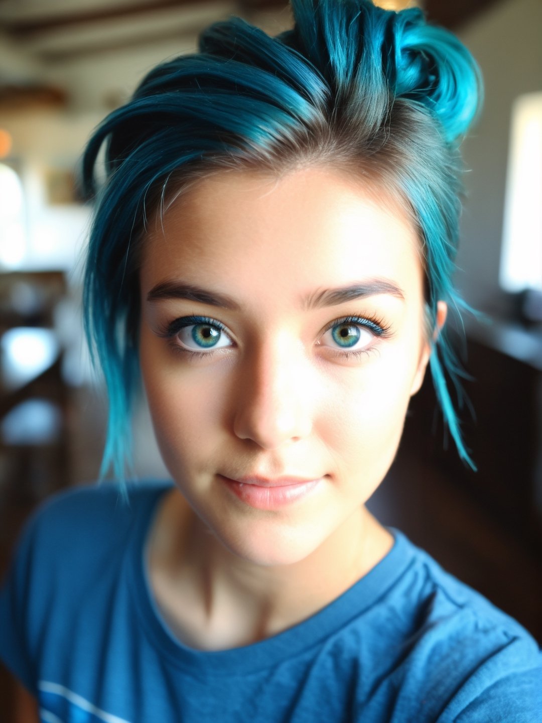 (masterpiece, best quality, hires, high resolution:1.2), (extremely detailed, intricate details, highres), an aussie cutie, 19 years old, Leaning forward, Boyfriend jeans, a tucked-in tee, and loafers, Twisted updo haircut, Peacock blue haircolor, from above, close up on face, ight beams streaming through haze, soft focus, detailed skin, skin blemish, sharp focus, (shot on GoPro Hero:1.2)