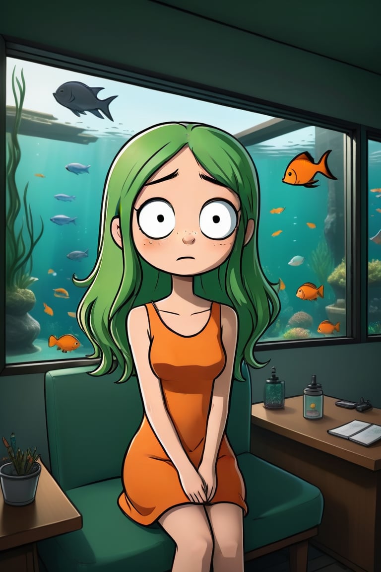 a green twintail girl in orange dress is sitting on the sofa while a messy desk in under a big window on the left, while a lively aquarium is on the top right of the soga, ultra realistic style


,SFW,cartoon ,cheap cartoon