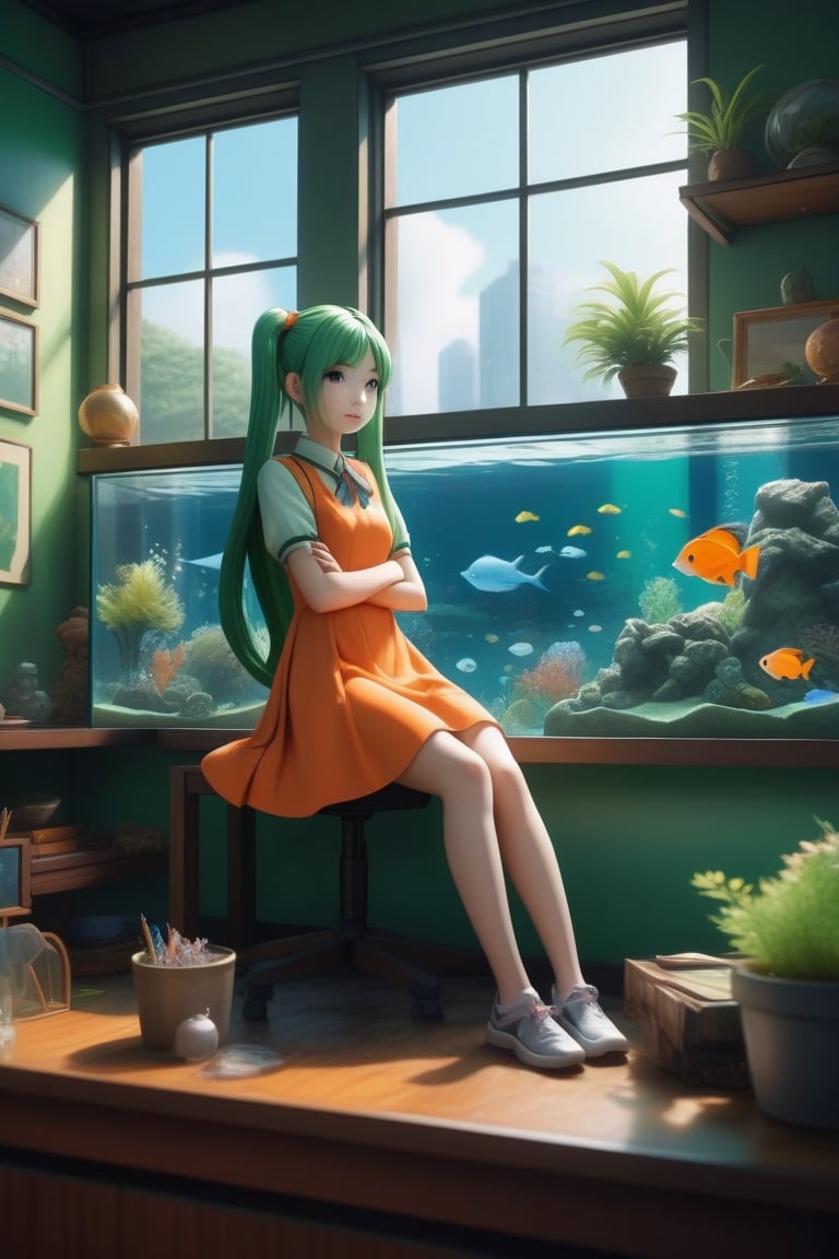 a green twintail girl in orange dress is sitting on the sofa while a messy desk in under a big window on the left, while a lively aquarium is on the top right of the soga, ultra realistic style


,SFW,cartoon ,cheap cartoon