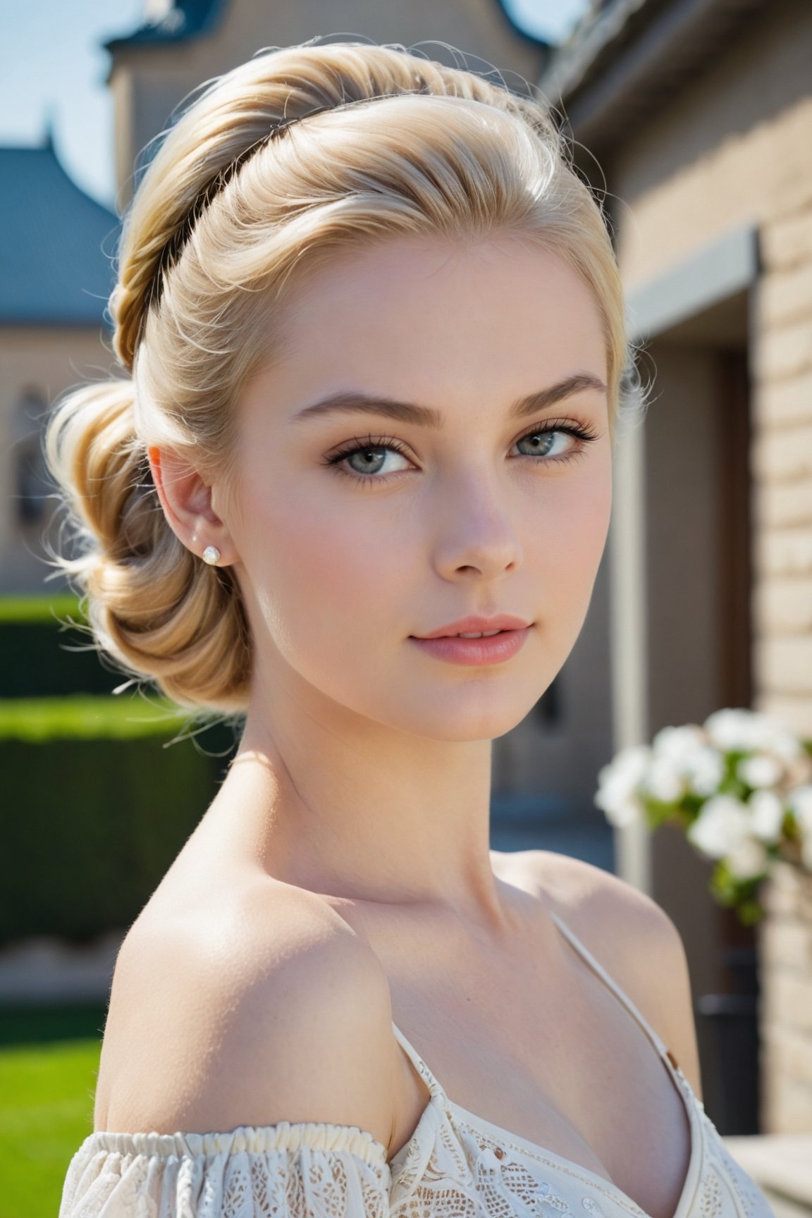 headshot,Nudity,Naked,Nude,No Clothes,White-blonde hair,face similar to Grace Kelly,Russian,pale skin,Pony tail Hairstyle,Luminous skin makeup,21 year old,Boyish_normal_breasts,headshot,Sunny Day Spring,Posing for a photo
