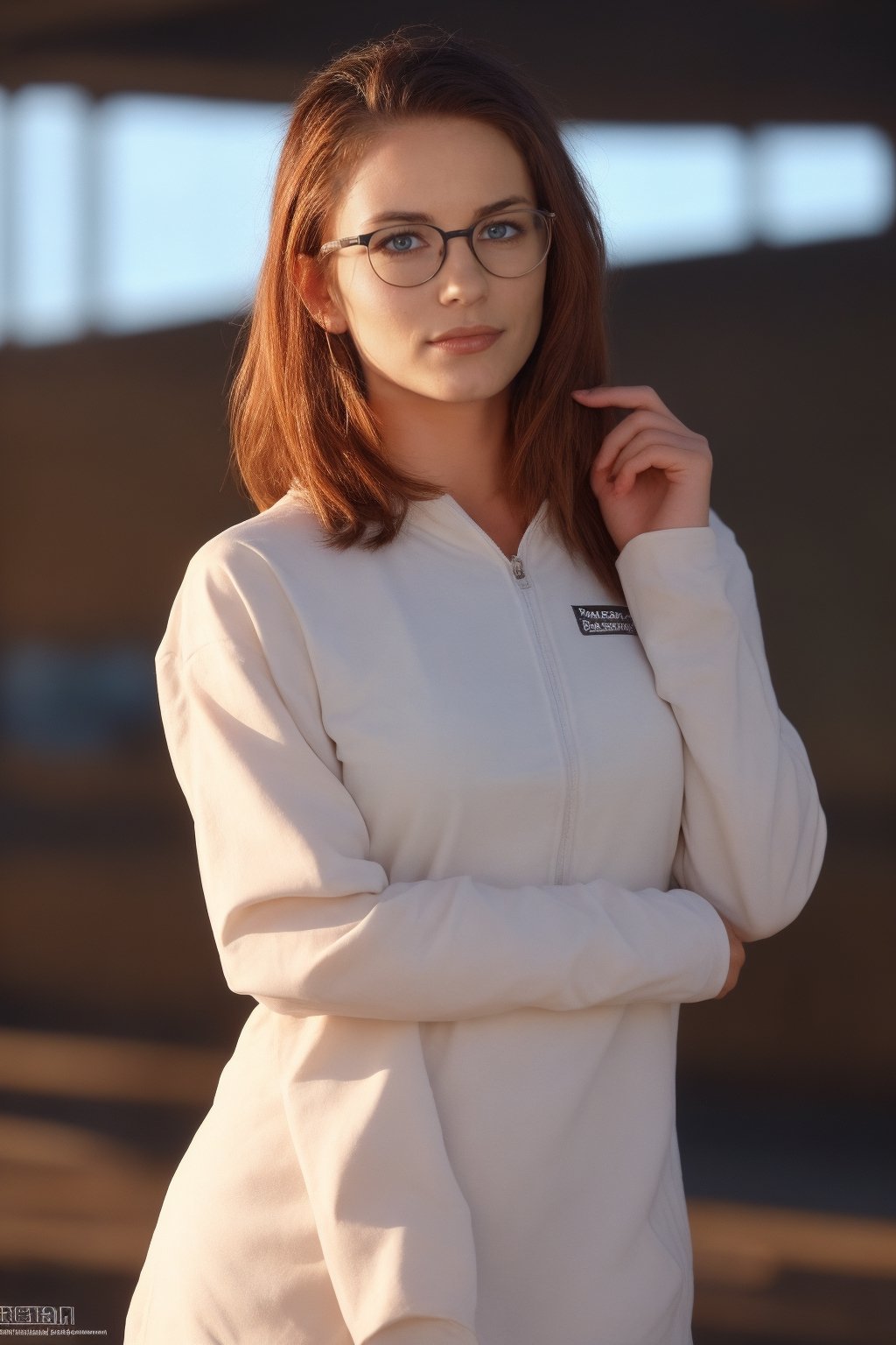 a 20 yo woman, ginger long hair, wearing glasses, dark theme, black_clothing, soothing tones, muted colors, high contrast, (natural skin texture, hyperrealism, soft light, sharp), blue, background, night background, shine, (((urban techwear))), techwear:1.4,(((prompto argentum))), ffxiv:1.4, detailed_hand:1.3