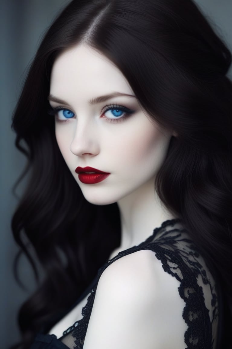 Gothic girl with very white pale skin, red lips and dark brown hair, blue eyes, she comes from Argentina and is very beautiful