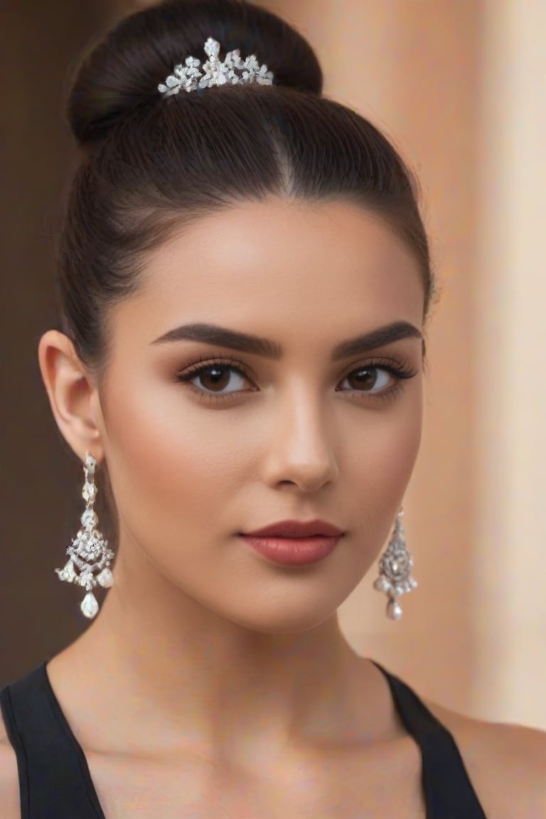 A close-up shot of an Eastern European sportswoman wearing sheer lycra attire, her dark locks tied into a sleek bun. A cascade of long earrings adorns her neck as she gazes directly at the camera, exuding confidence and poise. The framing highlights her toned physique, with a shallow depth-of-field emphasizing the sparkling jewelry.