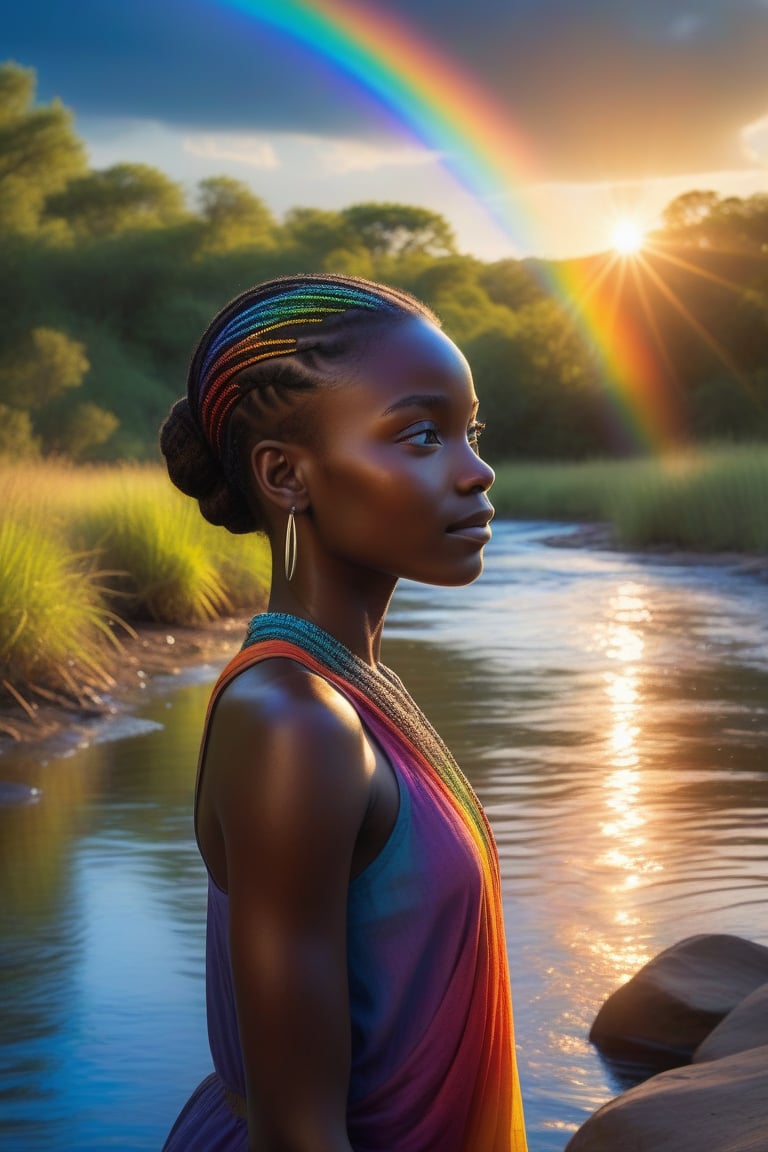 A vibrant, swirling rainbow arcs across the sky as an African girl with piercing blue eyes gazes out at the gentle river's edge. She stands on the weathered riverbank, her dark skin glowing in the warm sunlight. The water's calm surface reflects the colorful spectrum above, creating a stunning visual harmony.
