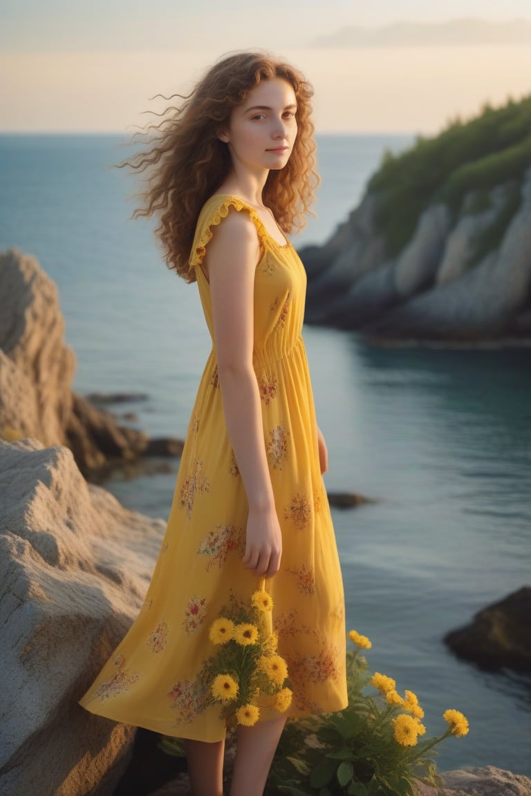 A serene summer evening in Romania. A Rumanian girl, with pale skin and curly brown hair, stands on a rocky coastline, wearing a bright yellow sundress that complements the vibrant flowers surrounding her. She gazes out at the calm sea, her arms relaxed by her sides. The warm sunlight casts a gentle glow, accentuating the soft features of her face.