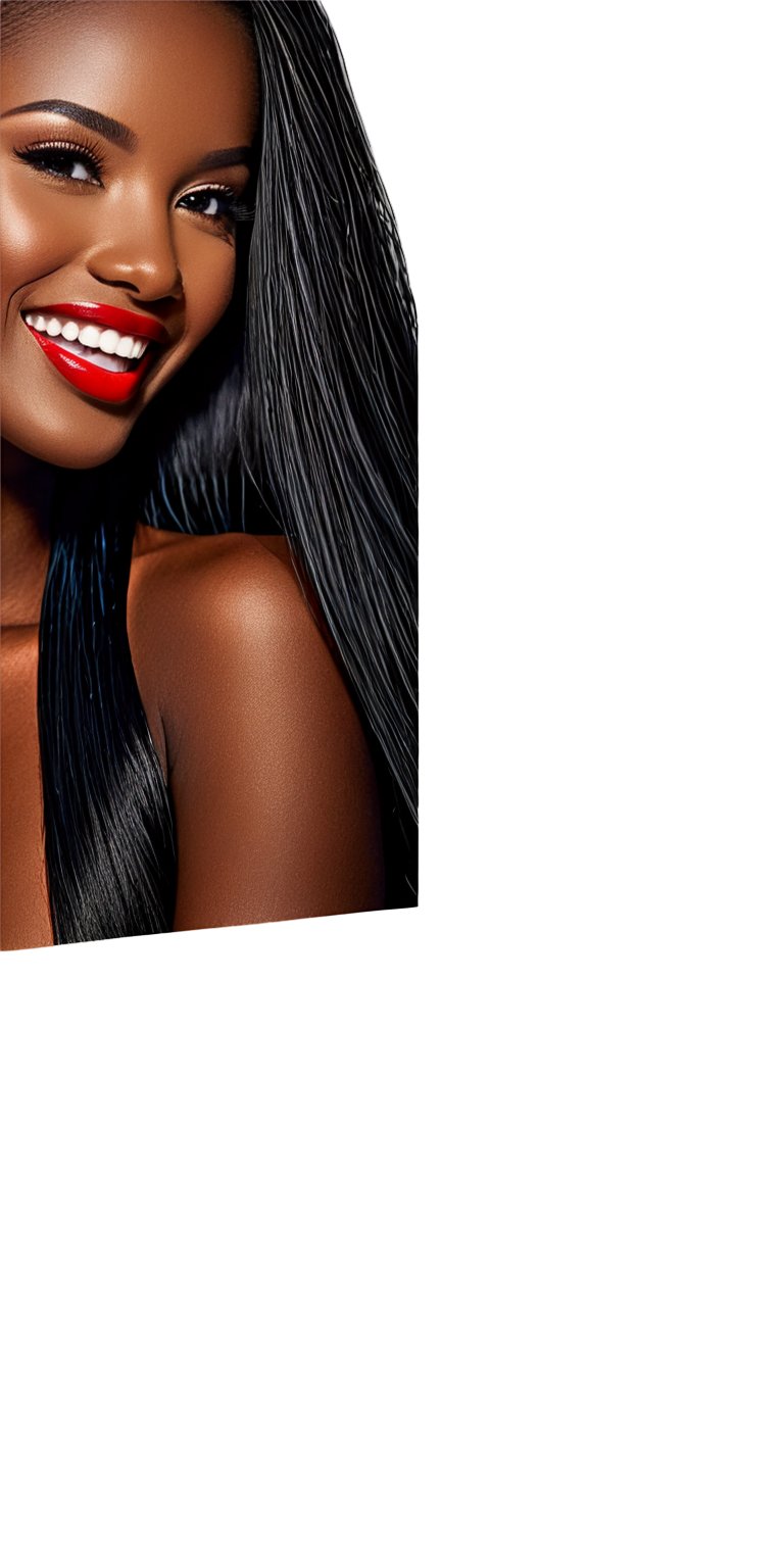 (best quality, masterpiece, top quality, highres, 8K, official art, beautiful and aesthetic:1.2), sharp focus, Generate hyper realistic image of a beautiful African student model, beautiful as if alive, close up face, ((( very dark black skin))), looking at the viewer, black very long straight hair, mesmerizing blue eyes, fairy smile, makeup, black skin, red lipstick, earring, necklanc, shiny, glistening skin

I used a 90×60 cm softbox as main light, derezzation was done with a 100 cm silver derezz. I like the light because it's really soft. I lit the background with a base reflector with an orange colour foil on it.  Here you can see a darker tonal world with deeper blacks and more suggestive highlights. The orange light on the background adds warmth to the image, creating a romantic mood. black background