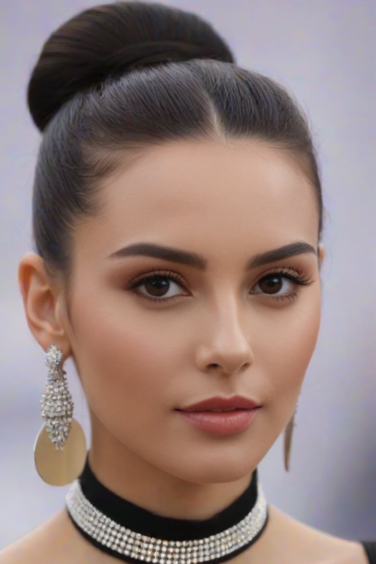 A close-up shot of an Eastern European sportswoman wearing sheer lycra attire, her dark locks tied into a sleek bun. A cascade of long earrings adorns her neck as she gazes directly at the camera, exuding confidence and poise. The framing highlights her toned physique, with a shallow depth-of-field emphasizing the sparkling jewelry.