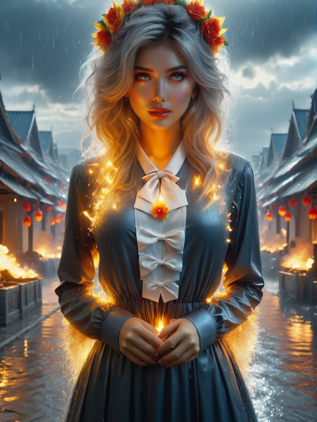 (((masterpiece))),best quality, illustration,(beautiful detailed girl),beautiful detailed glow,((flames of war)),(((nuclear explosion behide))),rain,detailed lighting,detailed water,(beautiful detailed eyes),expressionless,palace,azure hair,disheveled hair,long bangs,hairs between eyes,(whitegrey dress),black ribbon,white bowties,midriff,big forhead,blank stare,flower,long sleeves