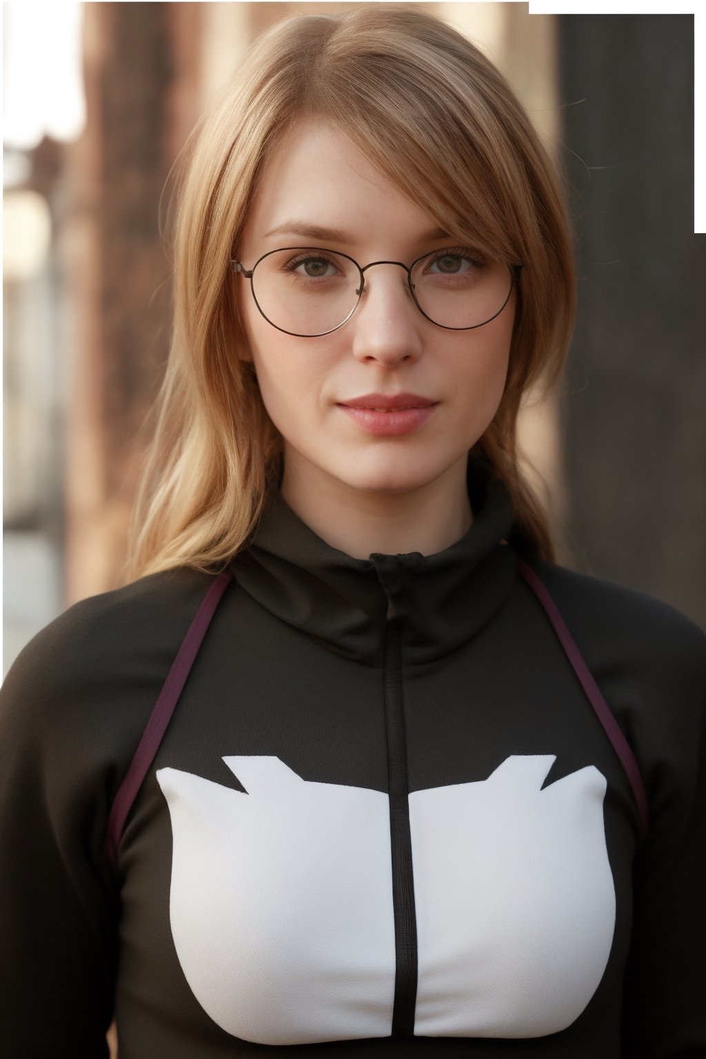 a 20 yo woman, ginger long hair, wearing glasses, dark theme, black_clothing, soothing tones, muted colors, high contrast, (natural skin texture, hyperrealism, soft light, sharp), blue, background, night background, shine, (((urban techwear))), techwear:1.4,(((prompto argentum))), ffxiv:1.4, detailed_hand:1.3