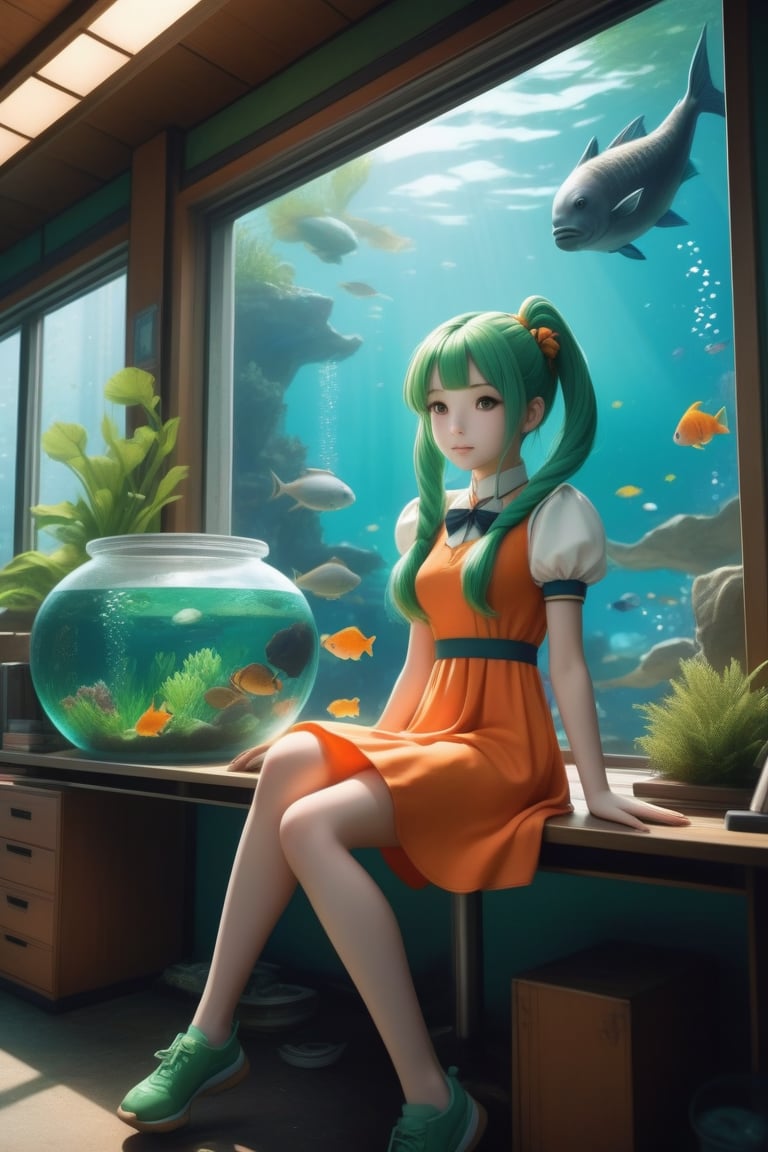 a green twintail girl in orange dress is sitting on the sofa while a messy desk in under a big window on the left, while a lively aquarium is on the top right of the soga, ultra realistic style


,SFW,cartoon ,cheap cartoon