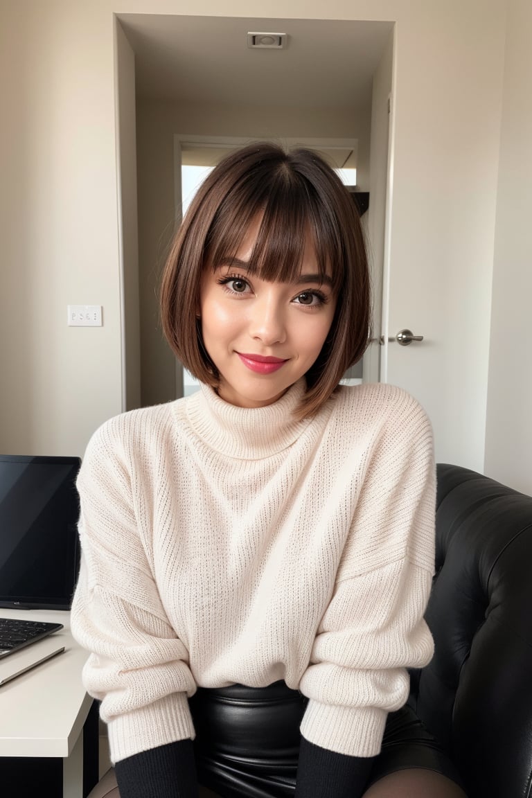 Generate hyper realistic image of a woman with short red hair styled in a bob cut with blunt bangs, looking at the viewer with blue eyes and a closed mouth. She is sitting with her head tilted slightly, her own hands together on her lap, wearing a white turtleneck sweater paired with a black high-waist pencil skirt. She has on shiny red pantyhose and shiny makeup, including pink lips and clear skin. She is smiling subtly, her nose and red lips highlighted by her makeup, her outfit completed by a black sweater over her turtleneck.