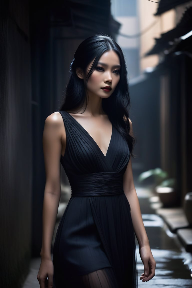 A mysterious young Vietnamese girl stands tall in a dimly lit alleyway, surrounded by shadows that accentuate the drama of her outfit. Her raven-black hair cascades down her face like a veil, while her porcelain skin glows softly in the faint light. The gothic-inspired dress billows behind her, its flowing folds emphasizing her curves as she confidently gazes directly into the camera lens, her bold dark eye makeup and subtle smoky eye adding an air of mystique.