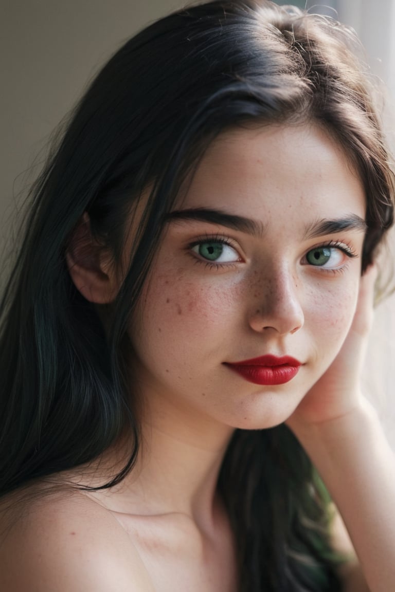 1girl, 21yo, solo, close up shot , (in love:1.5), long hair, black hair, dark green Deep eyes, paleskin, red lips, slight smile, sleepy, freckles, dimples, thick eyebrows, bare shoulders, morning light,