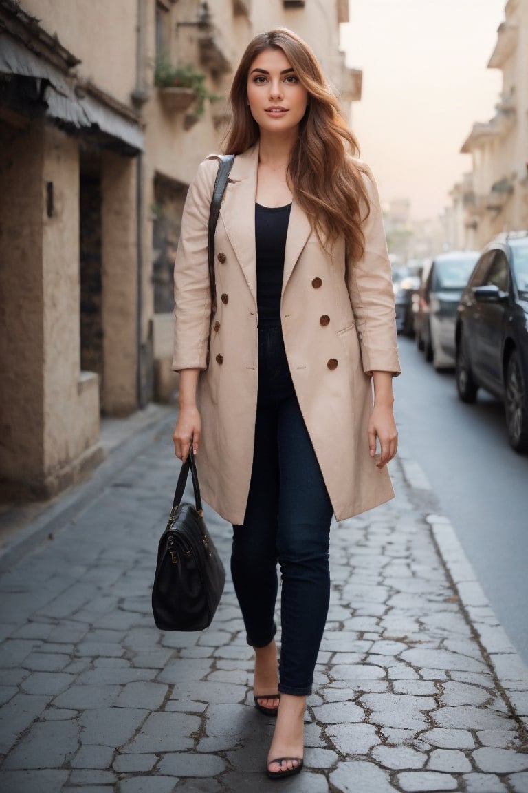 Mujer de la alta sociedad caminando por la calle con una cartera de marca 
