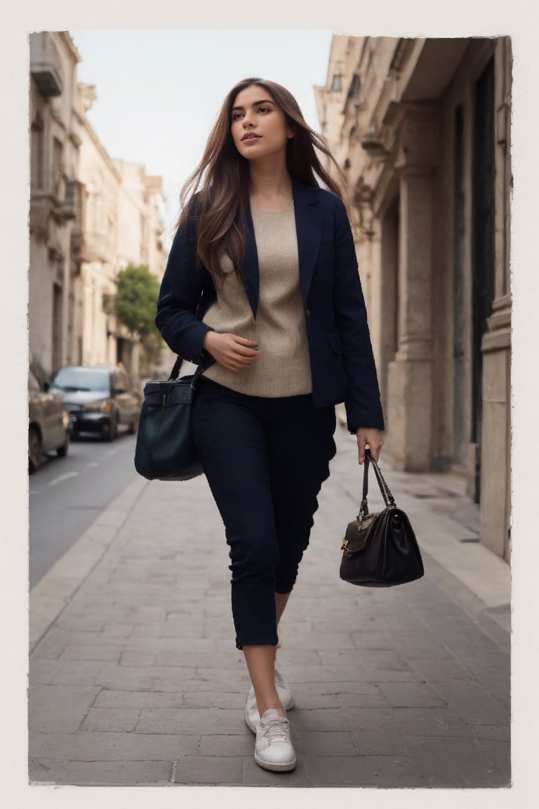 Mujer de la alta sociedad caminando por la calle con una cartera de marca 
