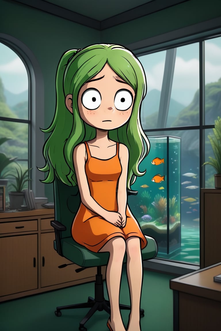 a green twintail girl in orange dress is sitting on the sofa while a messy desk in under a big window on the left, while a lively aquarium is on the top right of the soga, ultra realistic style


,SFW,cartoon ,cheap cartoon