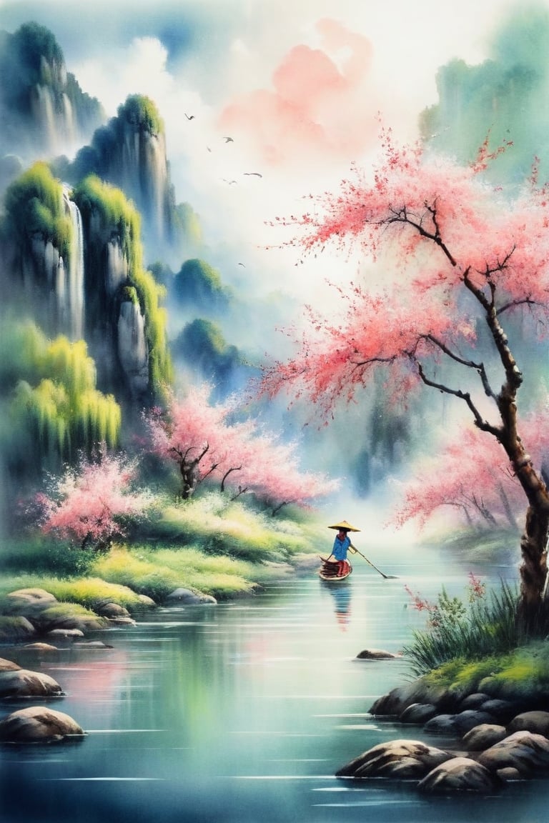 peach blossom, bamboo
((Girl)) swimming in the river
spring scenery
Chinese watercolor style,
watercolour,shuimobysim,watercolor,shuicaixiaodian,mythical clouds
