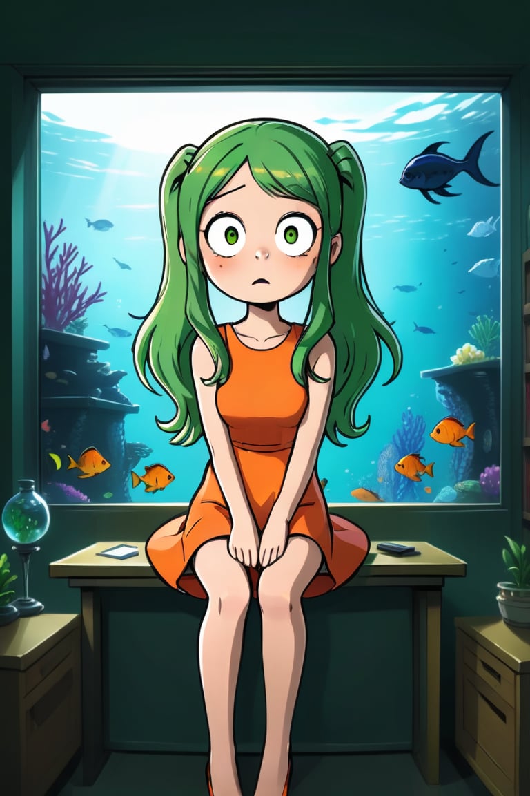 a green twintail girl in orange dress is sitting on the sofa while a messy desk in under a big window on the left, while a lively aquarium is on the top right of the soga, ultra realistic style


,SFW,cartoon ,cheap cartoon