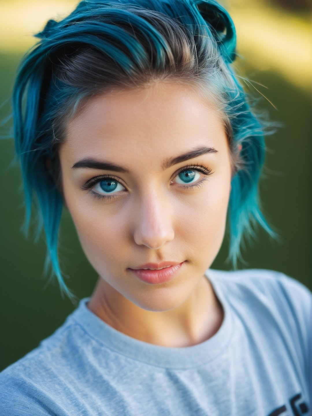 (masterpiece, best quality, hires, high resolution:1.2), (extremely detailed, intricate details, highres), an aussie cutie, 19 years old, Leaning forward, Boyfriend jeans, a tucked-in tee, and loafers, Twisted updo haircut, Peacock blue haircolor, from above, close up on face, ight beams streaming through haze, soft focus, detailed skin, skin blemish, sharp focus, (shot on GoPro Hero:1.2)