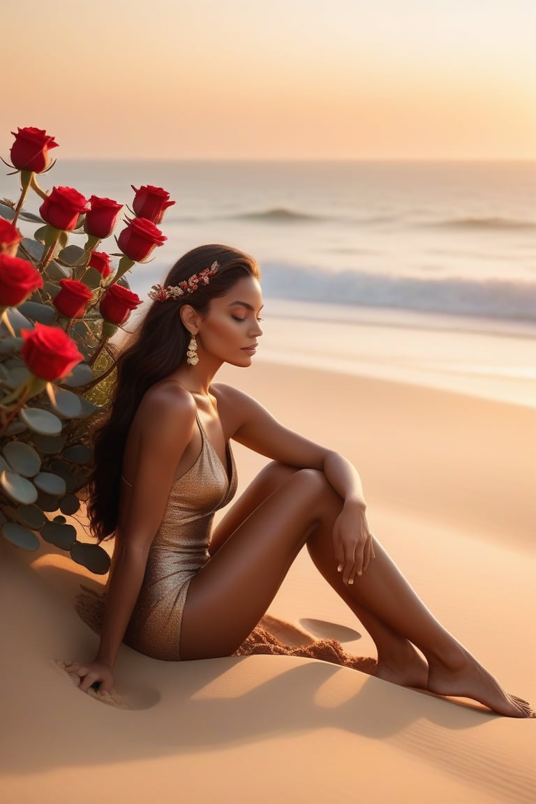 A sultry Brazilian beauty sits on a sandy dune at sunset, surrounded by a lush arrangement of red roses and succulent dessert fruits. The warm golden light casts a romantic glow on her bronzed skin as she gazes out at the ocean's horizon, a delicate rose petal tucked behind her ear.