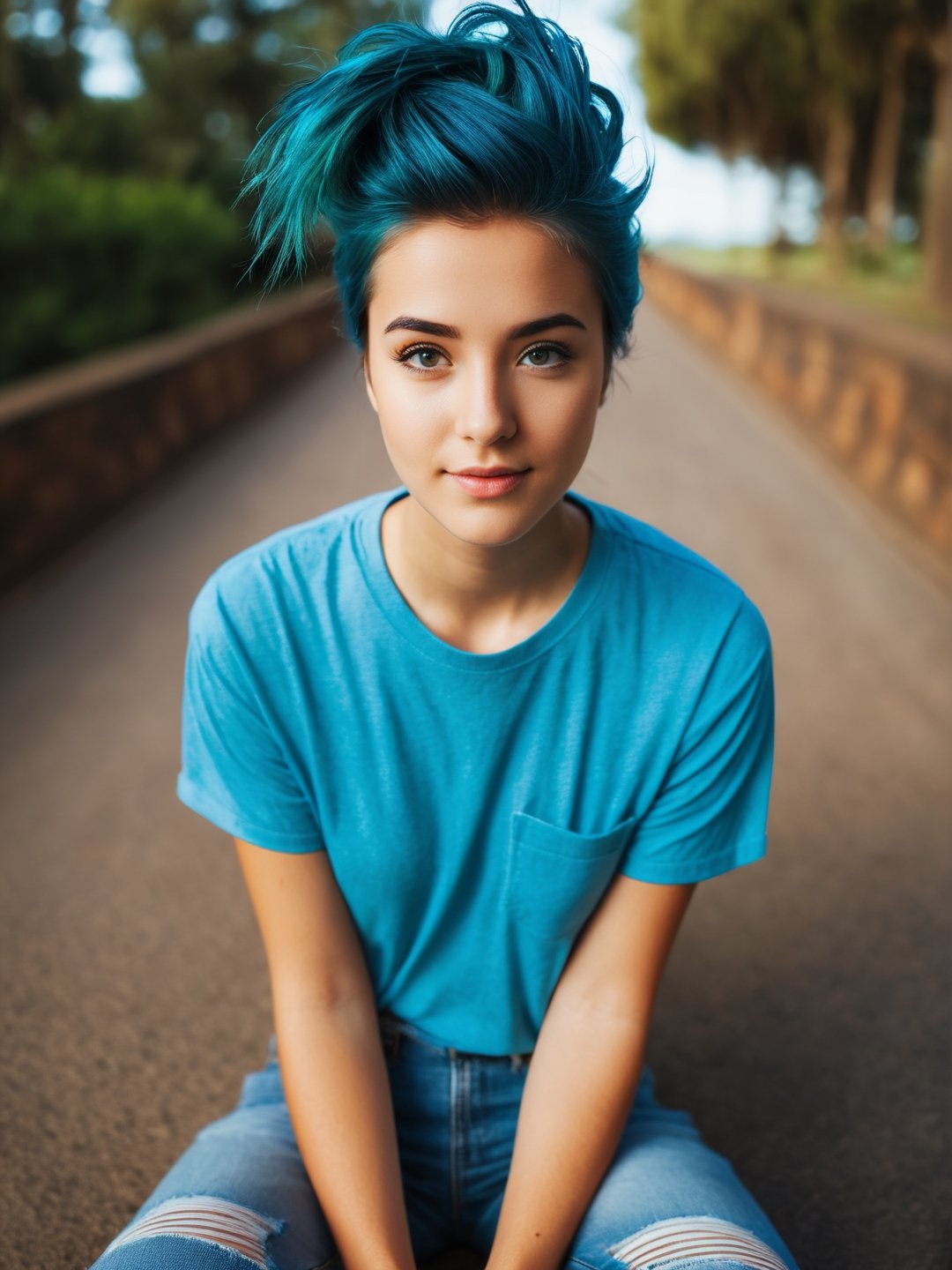 (masterpiece, best quality, hires, high resolution:1.2), (extremely detailed, intricate details, highres), an aussie cutie, 19 years old, Leaning forward, Boyfriend jeans, a tucked-in tee, and loafers, Twisted updo haircut, Peacock blue haircolor, from above, close up on face, ight beams streaming through haze, soft focus, detailed skin, skin blemish, sharp focus, (shot on GoPro Hero:1.2)