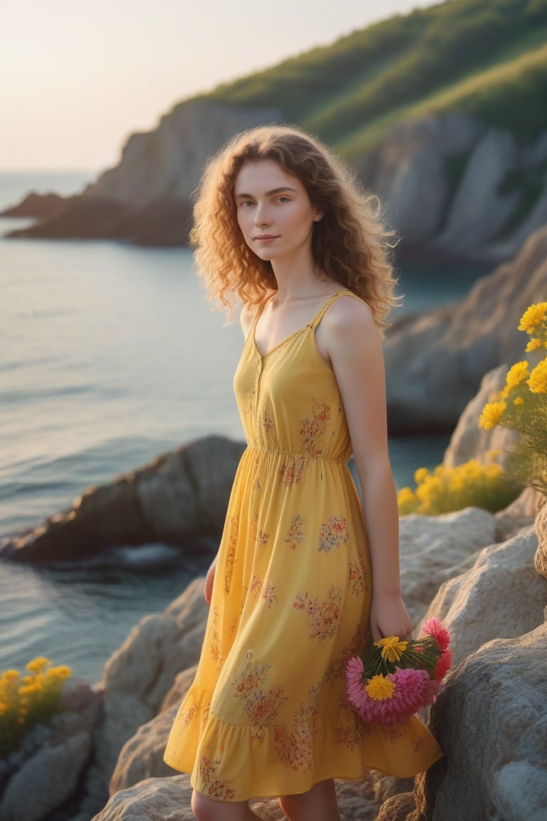 A serene summer evening in Romania. A Rumanian girl, with pale skin and curly brown hair, stands on a rocky coastline, wearing a bright yellow sundress that complements the vibrant flowers surrounding her. She gazes out at the calm sea, her arms relaxed by her sides. The warm sunlight casts a gentle glow, accentuating the soft features of her face.