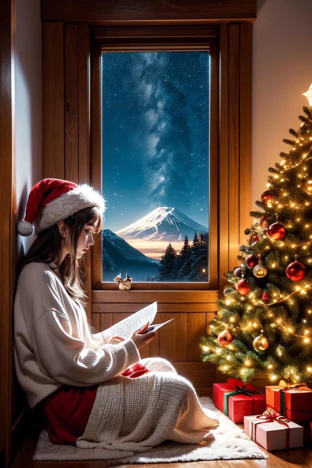 girl like to nicole kidman in a Christmas atmosphere, studying by a window in the early morning,  She is shown in profile, looking down at her homework with her right hand writing. She's wearing  a Christmas hat, immersed in her music. Beside her is a Japanese Maneki-neko (lucky cat) with its left paw raised. The room has a cozy, festive ambiance. Outside the window, there's a view of Mount Fuji, a cluster of small houses, and numerous Christmas trees, capturing the essence of a Christmas morning. The image is ideal for a LOFI music background, ,Lofi style