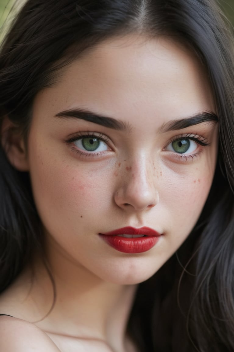 1girl, 21yo, solo, close up shot , (in love:1.5), long hair, black hair, dark green Deep eyes, paleskin, red lips, slight smile, sleepy, freckles, dimples, thick eyebrows, bare shoulders, morning light,