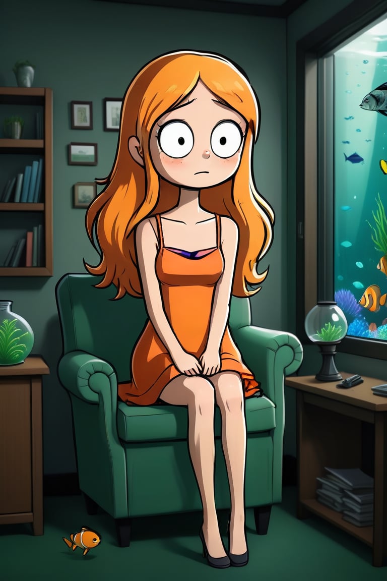 a green twintail girl in orange dress is sitting on the sofa while a messy desk in under a big window on the left, while a lively aquarium is on the top right of the soga, ultra realistic style


,SFW,cartoon ,cheap cartoon