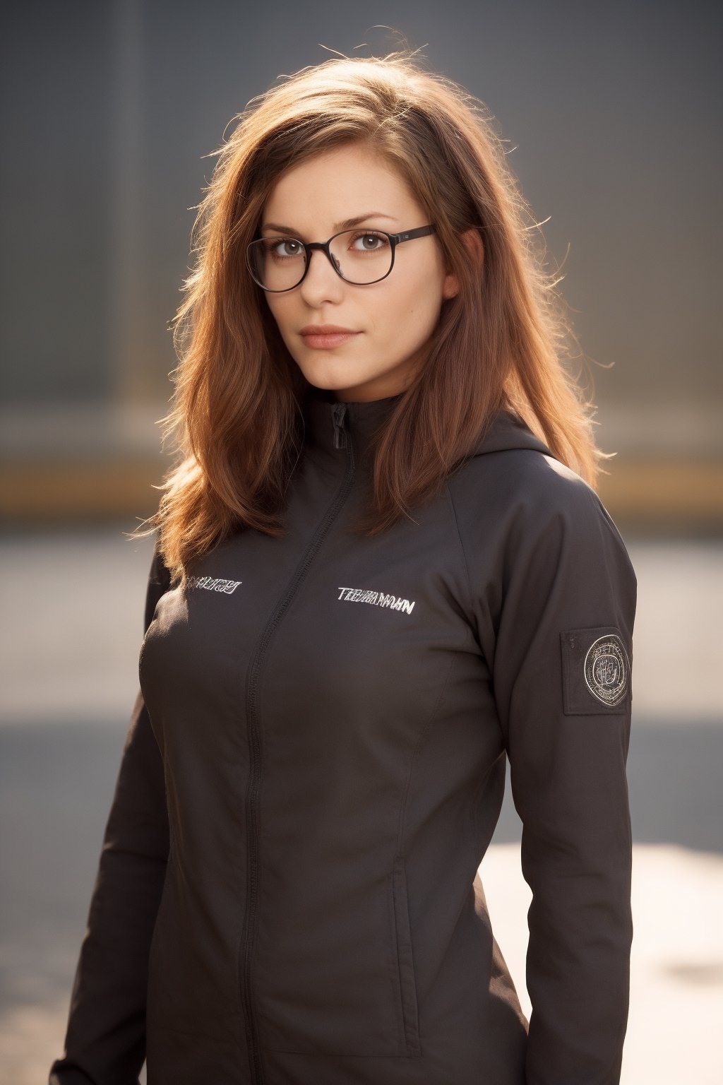 a 20 yo woman, ginger long hair, wearing glasses, dark theme, black_clothing, soothing tones, muted colors, high contrast, (natural skin texture, hyperrealism, soft light, sharp), blue, background, night background, shine, (((urban techwear))), techwear:1.4,(((prompto argentum))), ffxiv:1.4, detailed_hand:1.3