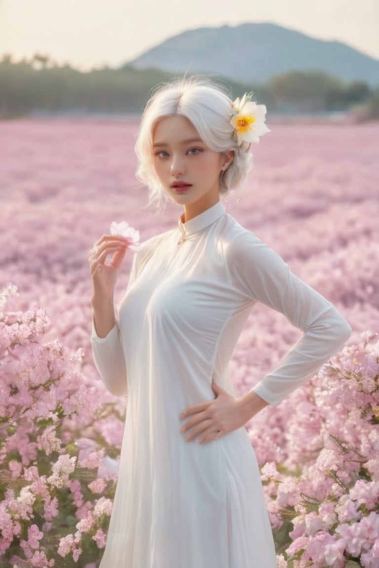 (masterpiece, best quality, niji style), (realistic, octane render, lot of details:6.3),
(full body photo :4.3), beautiful woman, korean woman, looking at the camera, (photo from head to toe:3.5),

(70s retro hairstyle:4.5),

clothing; ao dai vietnam, white ao dai, white dress, white clothings, 

long white pink pastel wavy hair, (white hair:3.5), brown eyes, beautiful eyes, closed mouth, The girl is tall and looks like a beauty queen,

hair blowing in the wind, small flower petals flying in the wind, flower petals flying in front of the girl,

(background is pink flower field of australia:1.1),

cinematic film still an awarded profesional photo of Leafwhisper, ideal body posture, perfect body proportions, hyperrealistic art, extremely high-resolution details, photographic, realism pushed to extreme, fine texture, incredibly lifelike,

different posture, up arms, ((arms up)), crazy mad aggressive face and eyes, fantasy, concept art, arms up, jump up, hands touch softly her face, (Both hands lift both tits:2.1),LinkGirl,aotac